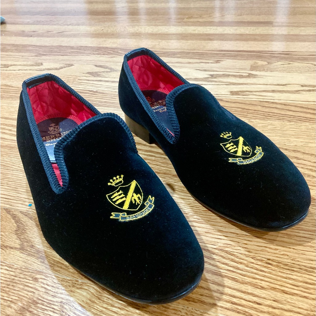 Men's Herring Monarch Black Velvet Loafers With Embroidered Crest